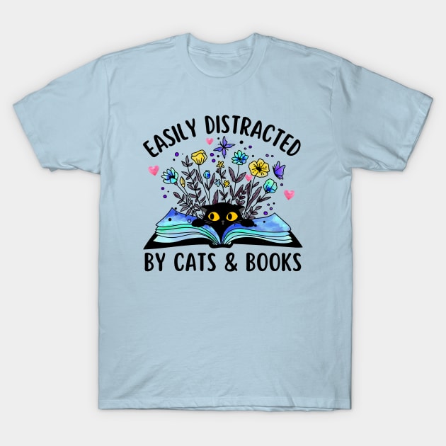 Easily Distracted by Cats and Books T-Shirt by Hypnotic Highs